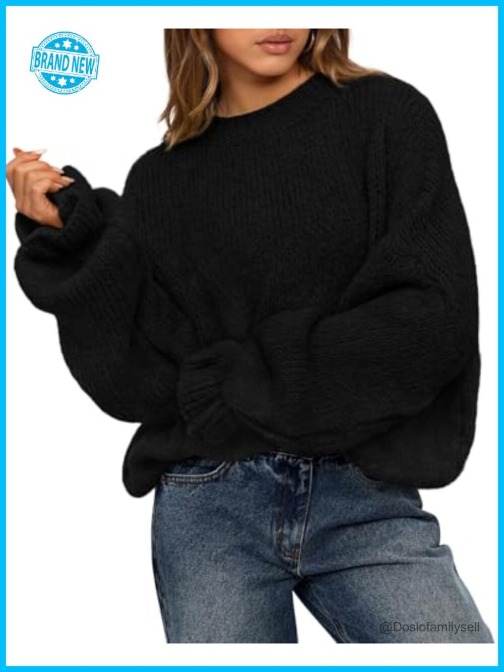 Oversized Chunky Knit Sweater Crew Neck Ruffle Cuff Pullover